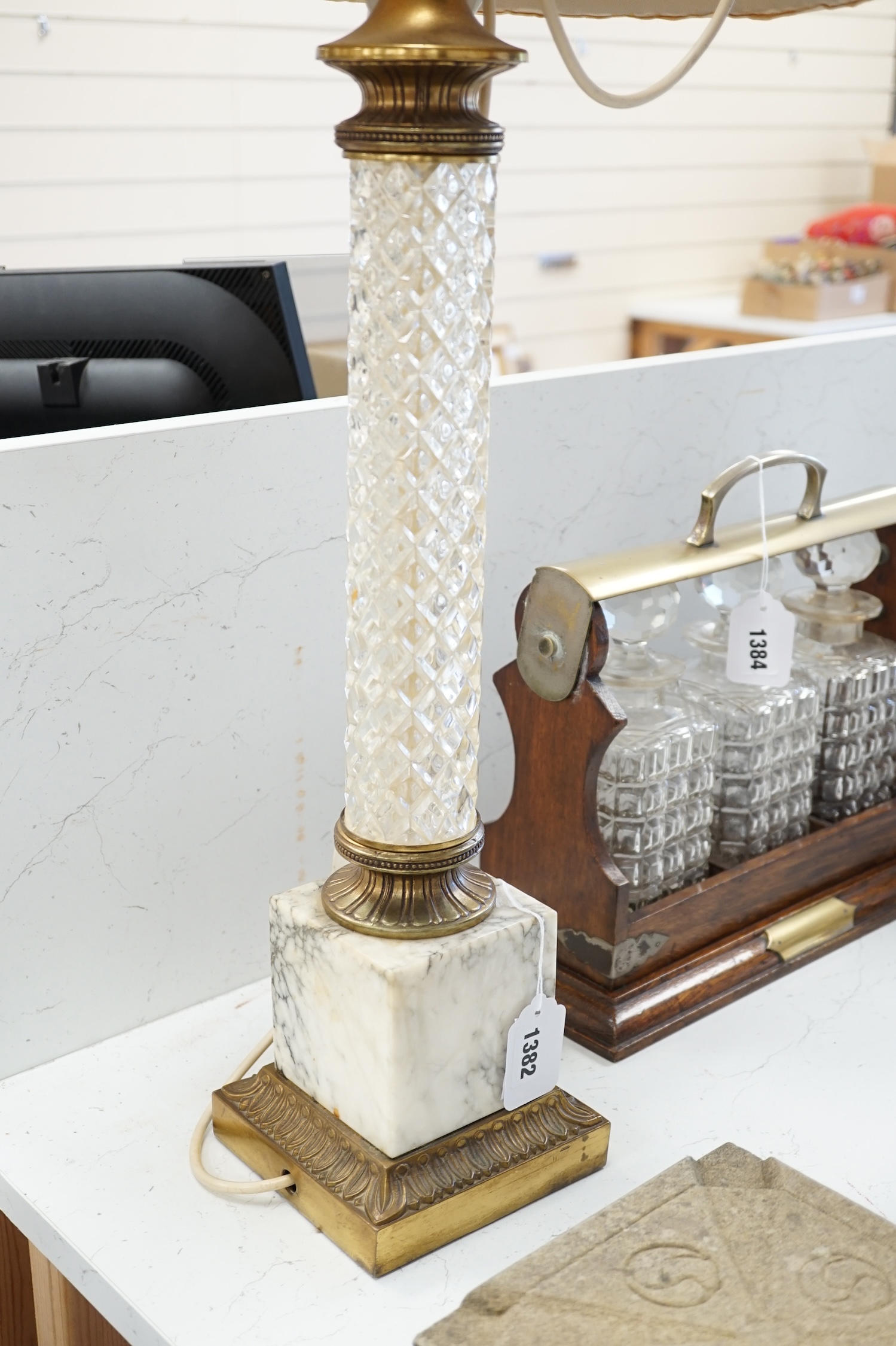 An early 20th century brass, glass and marble column lamp base and shade, 101cm total. Condition - fair to good, not tested